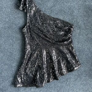 Grace Karin Tank Top Womens XL Black Sequin One Shoulder Bow Peplum Camisole